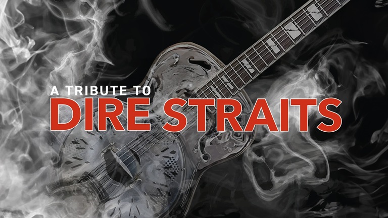 En gitarr syns i rökdimmor. Text i bild. A Tribute to Dire Straits