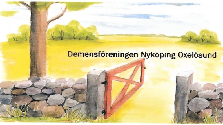 Målad bild på en grind med texten "Demensföreningen Nyköping Oxelösund"