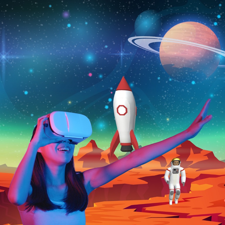 En flicka med VR-hjälm, en rymdraket och en astronaut på en annan planet.