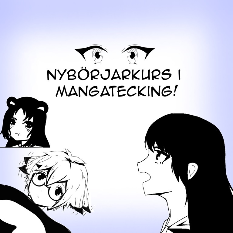 Tecknad bild i svartvit med tre ansikten i manga-stil