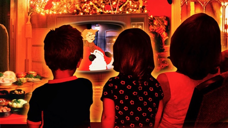 Tecknade barn som tittar på Karl-Bertils julafton på TV