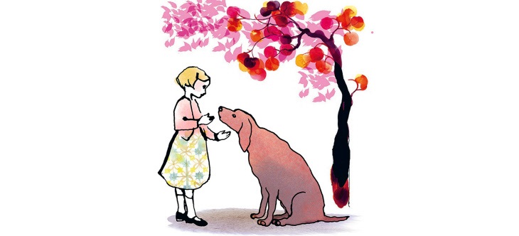 tecknad bild på ett barn och en hund under ett träd.