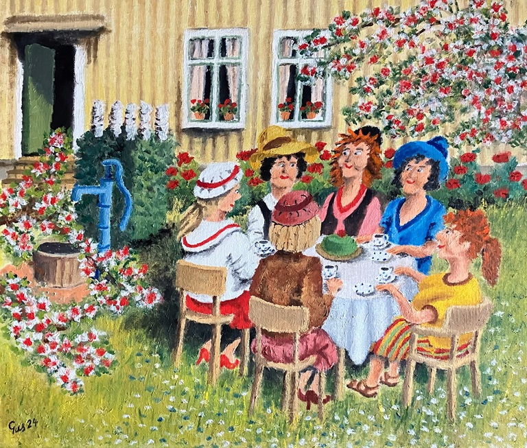 Målning av några damer som har kafferep i en trädgård.