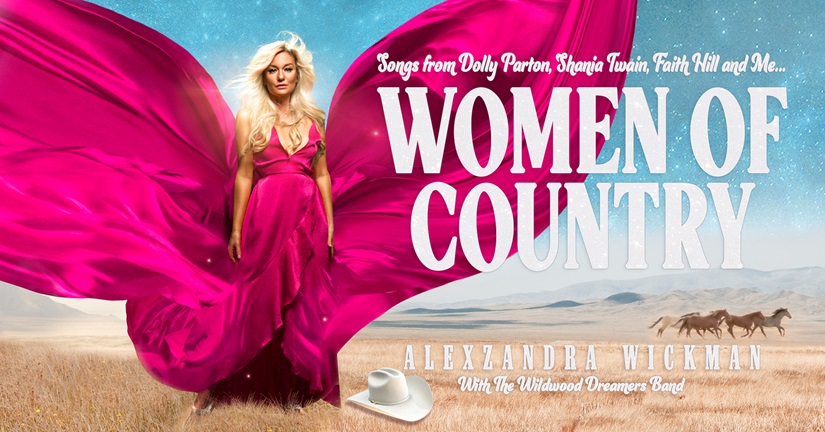 Alexzandra Wickman i cerise klänning. Text i bild: Women of Country