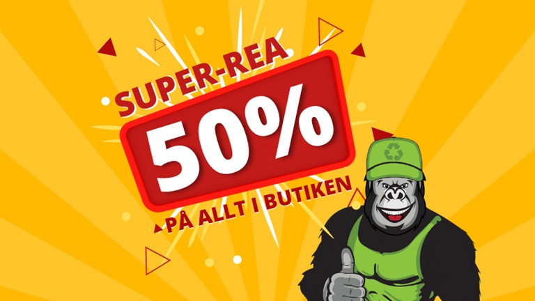 Bilden visar en gorilla som gör tummen upp och texten: Super-REA 50% på allt i butiken.