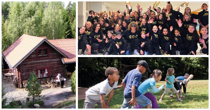 En bild på scoutstugan, en bild på Oxelösund Dance Crew och en bild på barn som leker.