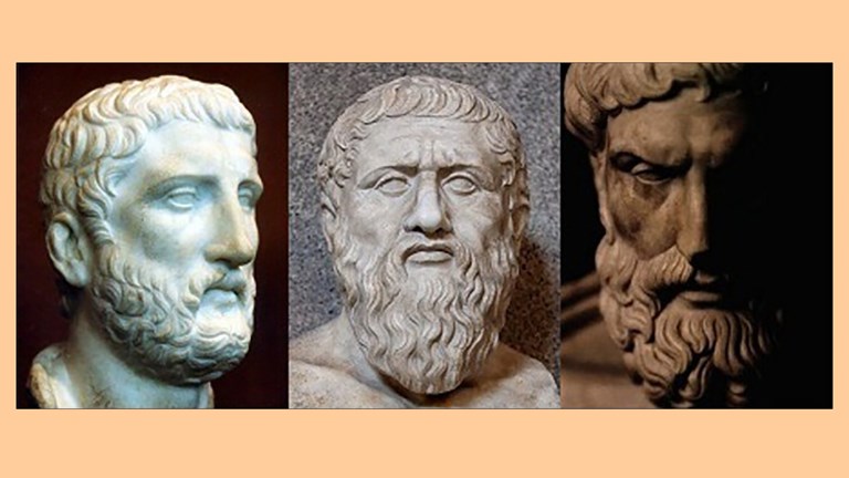 Collage av statyer föreställande gamla grekiska filosofer.