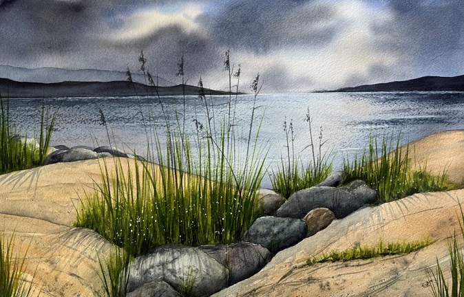Målning med vass i förgrunden och havet i bakgrunden. 