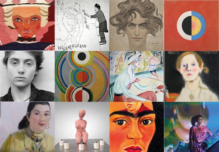 Ett collage av bilder på kvinnliga konstnärer genom tiderna. Både målade och fotografier.