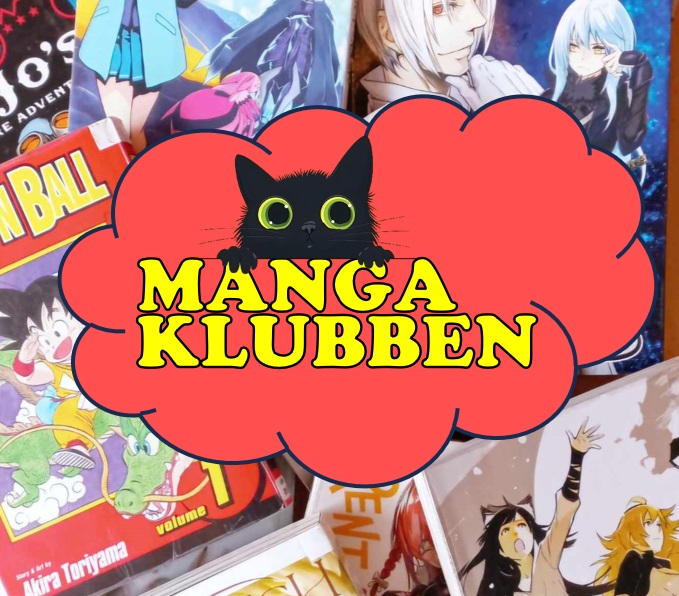 Mangaklubbens logotyp. I bakgrunden ser man en massa manga-böcker.