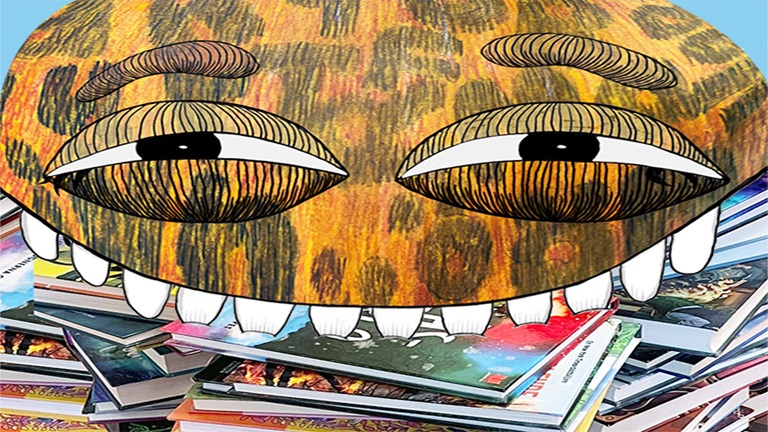 En gulbrun glad bokslukarfigur sätter sina många tänder i högar med böcker. 