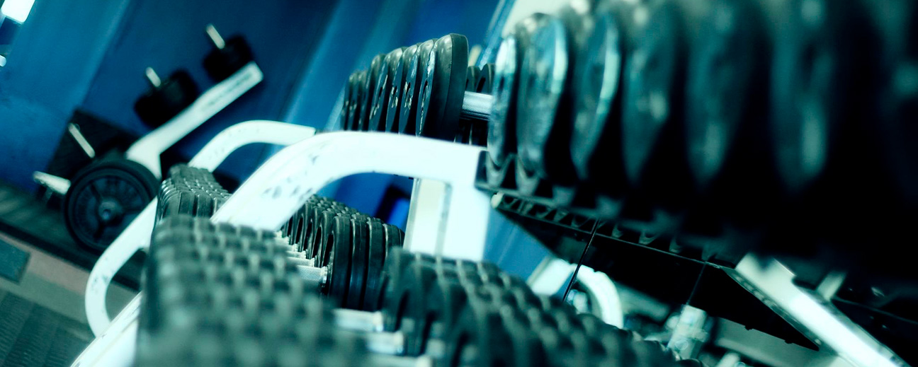 En lång rad fria vikter på ett gym.