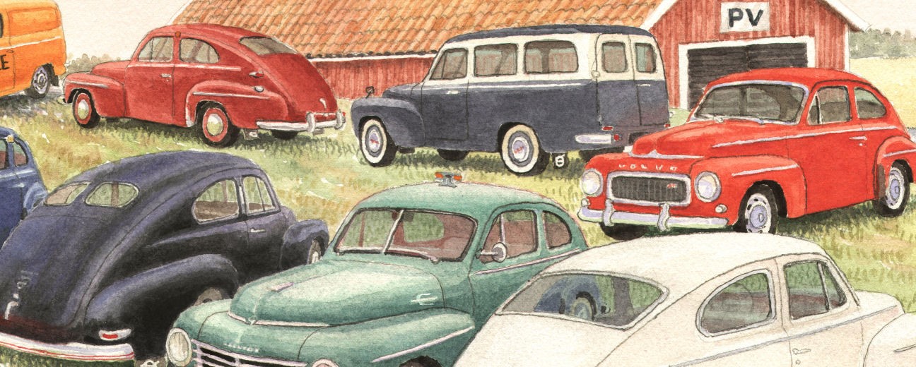 Målade bilar av äldre modell.